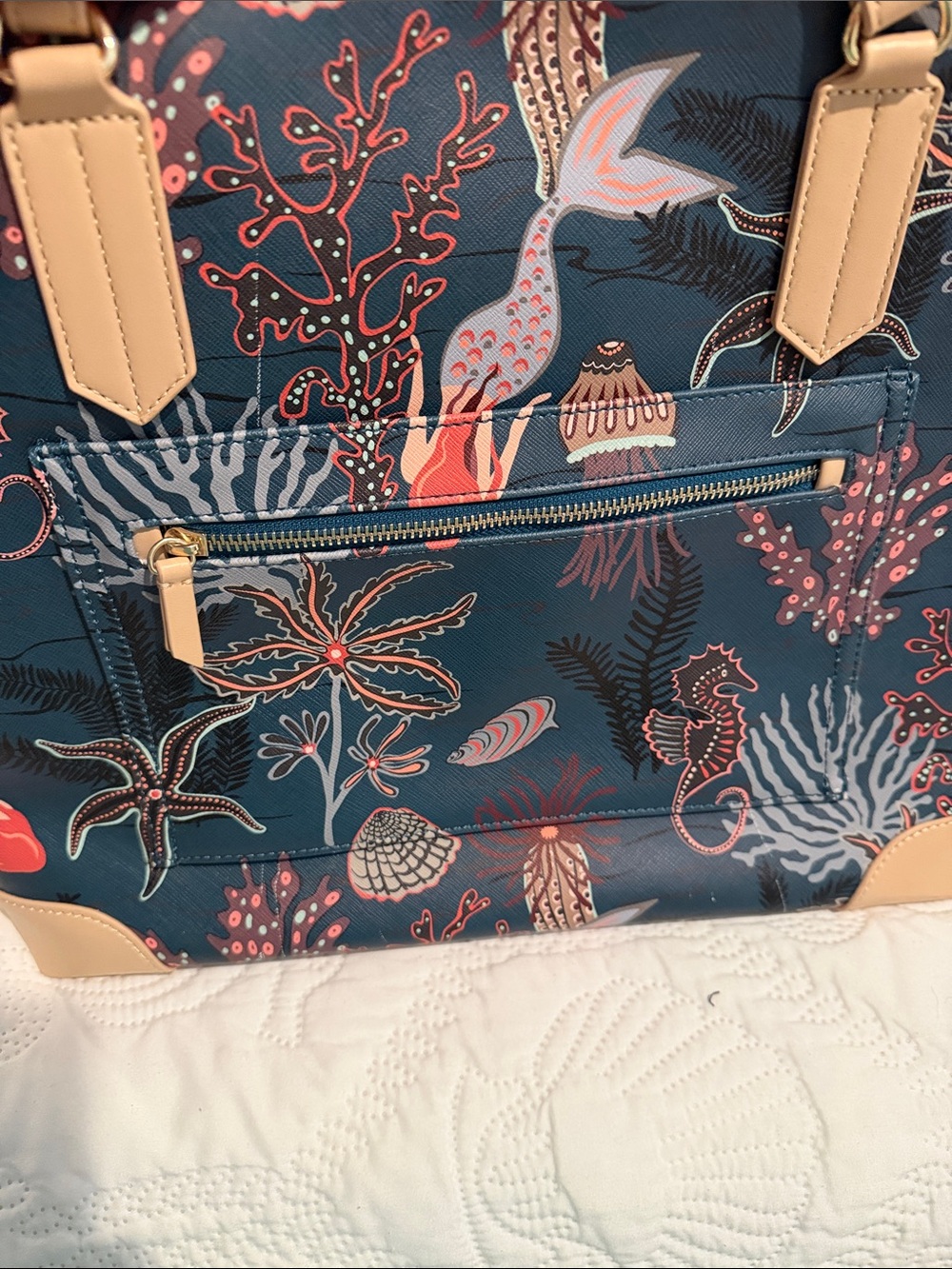 Spartina 449 Mystic Mermaid luggage laptop Tote with Tan Trim - extra large ! - Picture 6 of 9